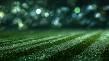 Stadium lights create a beautiful bokeh effect over a green pitch, showcasing diagonal lines and space for promotional text or slogan.の素材