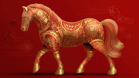 A beautiful red and gold horse, adorned with golden patterns, stands in a striking pose against a vibrant red background for the New Year.の素材