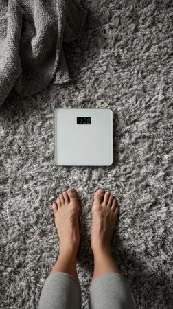 Persons feet on a weight scale placed on soft carpet, focusing on fitness and wellness routine at home.の素材