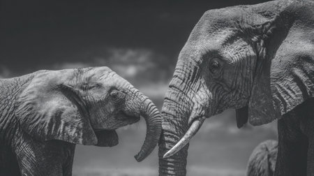 A mother elephant gently interacts with her baby, showcasing a tender moment filled with emotion in the vast African savanna.の素材