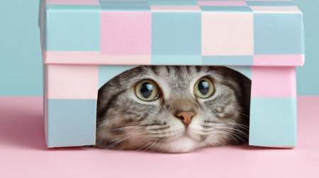 A playful cat hides inside a pastel-colored box, peeking out with wide eyes, radiating curiosity and a sense of fun.の素材