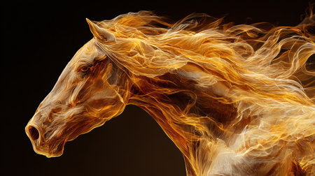 A striking horse emerges amid swirling gold smoke and flames, symbolizing energy and a sense of prosperity in a dynamic scene.の素材