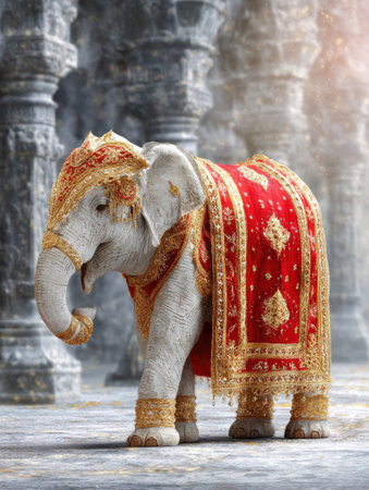 An elephant showcases traditional gold and red attire in a serene Indian temple, surrounded by ornate stone pillars and soft light.の素材