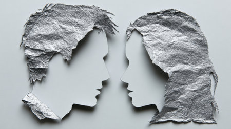 Two torn paper silhouettes faces of each other, symbolizing emotions of separation and regret, highlighting a powerful, artistic expression.の素材