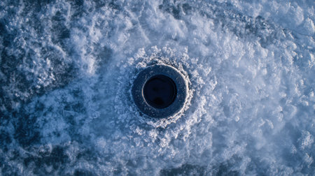 A round hole is drilled in the thick ice of a frozen lake, showing intricate icy textures and patterns around it.の素材