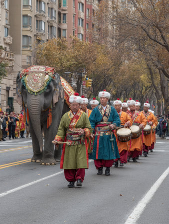 An elephant leads a colorful procession filled with musicians and dancers, celebrating culture in an urban setting amidst trees.の素材
