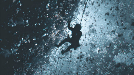 Climber pauses at a towering ice wall, embodying the struggle against obstacles in life, illuminated by striking lighting effects.の素材