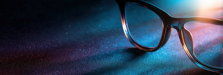 These glasses with anti-blue-light lenses emit a gentle glow against a vibrant tech backdrop, highlighting their futuristic design.の素材