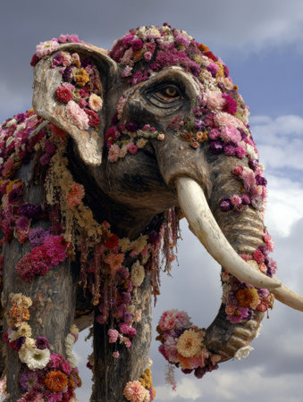 A beautifully crafted elephant statue is covered in colorful flowers in a serene outdoor location, symbolizing a sacred ritual.の素材