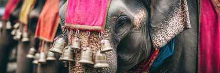 Colorful elephants with silk fabrics and bells participate in a ceremonial festival, showcasing vibrant traditions in Asia.の素材
