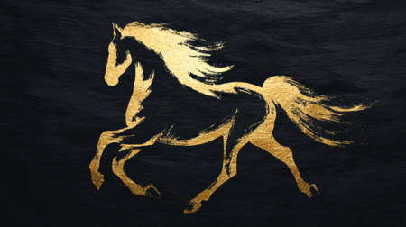 A flowing horse in gold ink captures the essence of zodiac artistry, featuring graceful brush strokes on a deep, contrasting background.の素材
