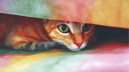 A playful orange cat peeks out from a vibrant paper box, displaying curiosity and a hint of mischief in the pastel colors.の素材