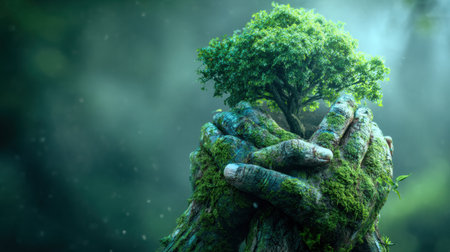 Hands wrap around a strong green tree and a delicate young plant, showcasing a deep connection to nature and environmental responsibilityの素材