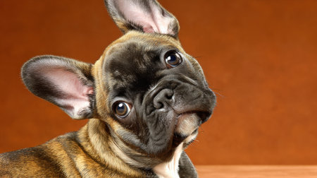 Puppy tilts its head in curiosity, showcasing playful innocence against a warm, inviting background full of charm and character.の素材