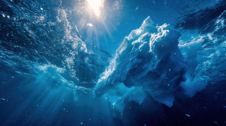 Sunlight filters through deep blue water, illuminating an iceberg and creating a stunning underwater scene filled with natural beauty.の素材