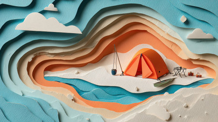 A frozen lake is depicted in cutout style, featuring a small orange tent, fishing gear, and serene pastel-colored layers of paper.の素材