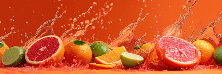 Citrus fruits bursting with flavor create a lively splash against a bright background, showing freshness and energy.の素材