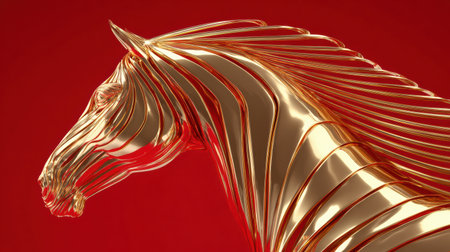 The image showcases a luxurious gold horse on a bold red background, celebrating sophistication and the Year of the Horse.の素材