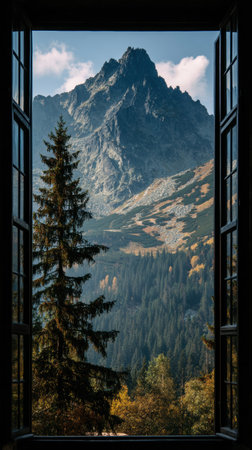 A peaceful view shows majestic mountains through an open window surrounded by vibrant autumn trees and a clear blue sky.の素材
