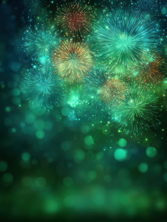 Colorful fireworks light up the emerald green night sky, marking the joyful arrival of New Year 2026 with vibrant bursts of color.の素材