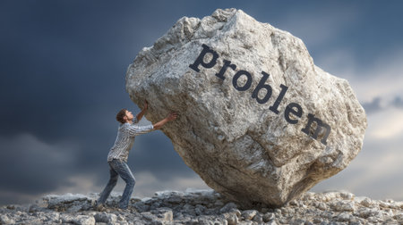 A man is lifting a heavy stone with the word problem written on it, symbolizing the struggle and triumph over difficulties in life.の素材