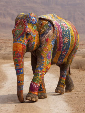 A colorful elephant moves gracefully through the Rajasthan desert, showing intricate patterns against a warm-toned backdrop as the sun shines.の素材