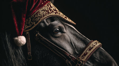 A noble horse showcases shiny Christmas decorations and a bright Santa hat, embodying the festive spirit in a magical holiday setting.の素材