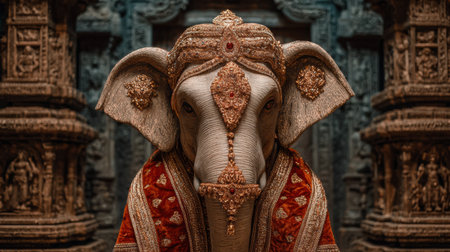 An elephant in gold and red attire stands before an ornate Indian temple, showcasing a vibrant cultural scene.の素材