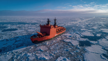 Red icebreaker maneuvers through a stunning frozen landscape, highlighting human ingenuity against natures icy challenges.の素材