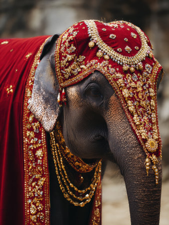 Elephant dressed in vibrant traditional clothing walks gracefully in front of a beautiful Indian temple setting, showing rich cultural heritage.の素材