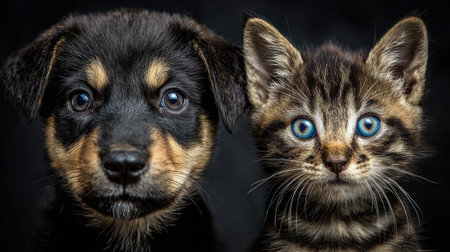 A playful puppy and a curious kitten gaze at the camera, sharing a sweet moment that captures their adorable features and bond.の素材