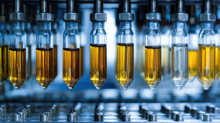 Glass ampoules containing various liquids are arranged neatly in a row, illuminated by soft gradient lighting in a sterile environment.の素材