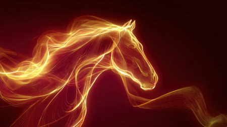 A red and gold horse with a flowing mane stands out against a glowing abstract background, symbolizing celebration and artistry.の素材