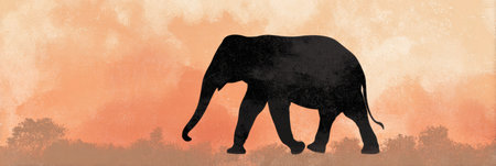 Silhouette of an elephant walking against a soft beige background, showcasing a minimalistic approach to wildlife art.の素材