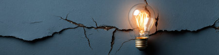 A cracked light bulb glows against a dark background, symbolizing the struggle of innovation and the emergence of broken ideas.の素材