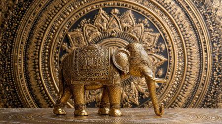 Golden elephant sculpture captures attention with its detailed design, set against a beautiful mandala backdrop evoking spiritual tranquility.の素材