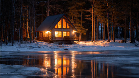 A cozy wooden cabin glows in a snowy forest, its lights casting reflections on a frozen lake under the serene night sky.の素材