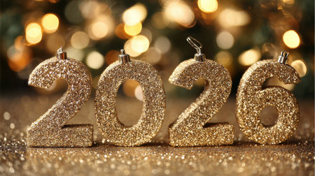 Bright golden numbers 2026 stand out against a colorful bokeh background, creating a festive atmosphere for New Year celebrations.の素材
