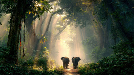 Two elephants walk side by side through a lush jungle, illuminated by rays of sunlight shining through dense foliage.の素材