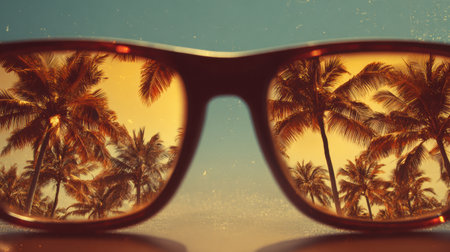 Mirrored lenses capture a tropical scene with palm trees, creating a relaxing vacation vibe in bright sunlight.の素材