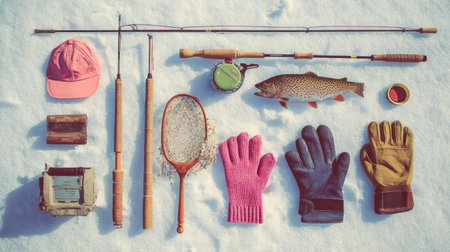 Fishing tools and gloves are creatively arranged on a snowy surface, capturing the essence of winter fishing with a trout beside them.の素材