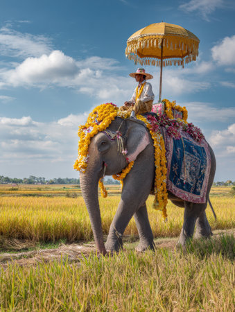 A mahout rides a beautifully adorned elephant in vibrant rice fields, creating a serene atmosphere against a clear blue sky.の素材