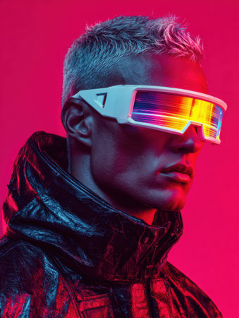 A gamer wears futuristic glasses that glow, set against a cyberpunk background with striking colors, highlighting the innovative tech.の素材