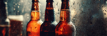 Three craft beer bottles sit side by side, their surfaces dripping with condensation under warm bar lights, creating a relaxing vibe.の素材