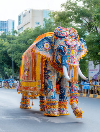 A decorated elephant parades down the street, surrounded by vibrant decor and a festive atmosphere celebrating tradition.の素材