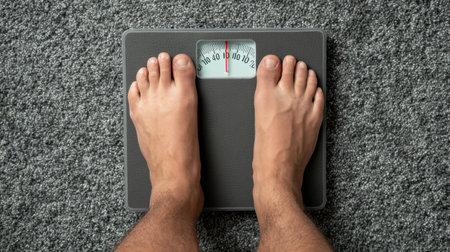 Bare feet stand on a weight scale placed on a soft carpet, illustrating an individuals commitment to health and fitness in a personal space.の素材