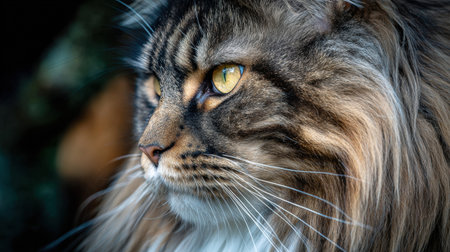 A Maine Coon cat with luxurious long fur sits gracefully, illuminated by natural light, displaying its unique and majestic look.の素材