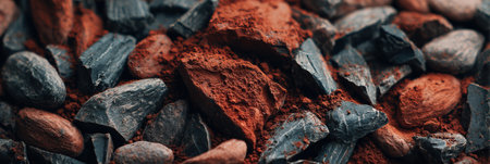 Rich chocolate pieces mix with fine cocoa powder in a textured display under moody lighting, highlighting the beauty of this indulgent ingredient.の素材