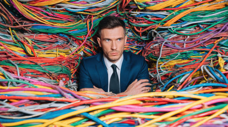 A businessman in a blue suit observes a chaotic mix of tangled cables, symbolizing confusion and the need for effective solutions.の素材