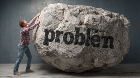 A man struggles to lift a large stone marked with the word problem, depicting the act of overcoming personal obstacles and finding freedom.の素材